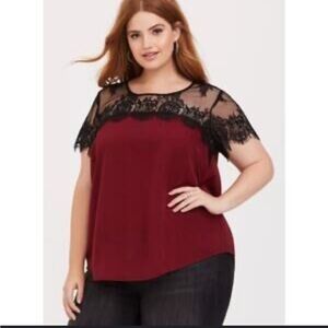 Torrid Burgundy Top with Black Lace Detail